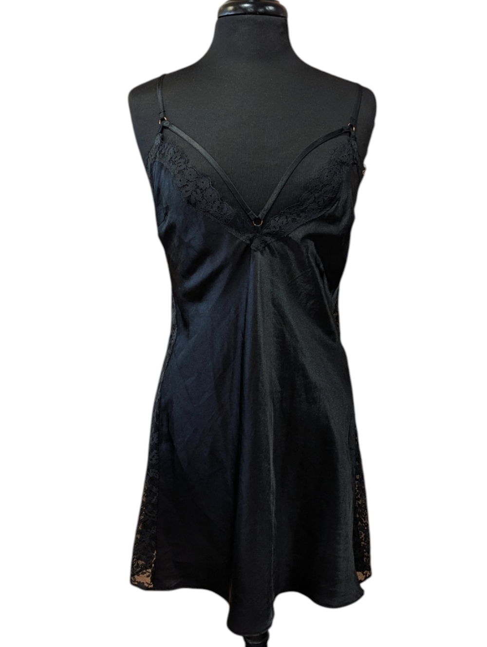 Victoria's Secret Slip Large Feminine Goddess Black Satin & Lace Chemise Lounge